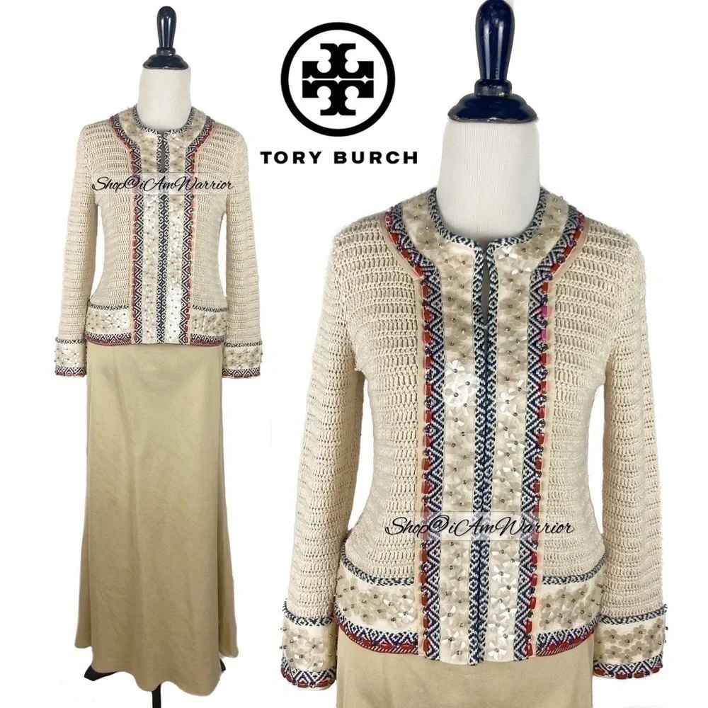 Tory Burch cream crochet beaded embellished cardigan jacket *shop@iamwarrior